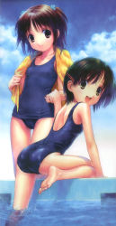 Rule 34 | 2girls, :d, ass, back, barefoot, black hair, brown eyes, brown hair, cloud, day, feet, flat chest, goto p, highres, holding hands, kneeling, multiple girls, one-piece swimsuit, open mouth, outdoors, partially submerged, pool, poolside, school swimsuit, short hair, sky, smile, soaking feet, soles, swimsuit, toes, towel, towel around neck, water, wet