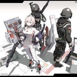 Rule 34 | 12-gauge, 1girl, 2boys, absurdres, ammunition, armor, ballistic shield, breasts, character name, circle a, commentary, commentary request, fingerless gloves, fsb, girls&#039; frontline, gloves, griffin &amp; kryuger, grifon &amp; kryuger, gun, hand on own hip, handgun, helmet, highres, holding, holding gun, holding weapon, holster, jacket, jacket on shoulders, large breasts, looking at viewer, low bore axis shotgun, meme attire, multiple boys, night-vision device, no bra, partial commentary, pistol, police, police uniform, rmb-93, rmb-93 (girls&#039; frontline), russian flag, russian text, shield, shield module, short hair, shotgun, shotgun shell, sideboob, silver hair, simple background, star (symbol), tactical clothes, thigh holster, thighhighs, trigger discipline, uniform, virgin killer sweater, weapon