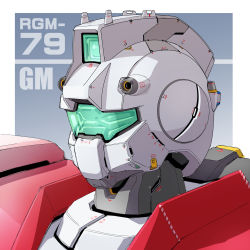 Rule 34 | character name, close-up, earth federation, gm (mobile suit), gradient background, grey background, gundam, mao (6r), mecha, mobile suit gundam, no humans, robot, solo, visor