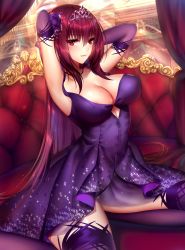 Rule 34 | 1girl, areola slip, armpits, arms behind head, arms up, bad id, bad pixiv id, blush, breasts, cleavage, couch, covered erect nipples, dress, elbow gloves, fate/grand order, fate (series), flower, gloves, hair flower, hair ornament, highres, large breasts, long hair, looking at viewer, mallizmora, purple dress, purple gloves, purple hair, purple thighhighs, red eyes, scathach (fate), scathach (formal dress) (fate), sitting, sleeveless, sleeveless dress, smile, solo, thighhighs, tiara