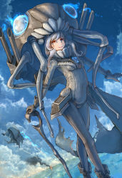 Rule 34 | 10s, 1girl, abyssal ship, bespin, bodysuit, cloud, enemy aircraft (kancolle), kantai collection, monster, personification, silver hair, sky, smile, solo, wo-class aircraft carrier