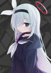 Rule 34 | 1girl, arona (blue archive), blue archive, breasts, collarbone, commentary, dark background, expressionless, grey eyes, grey hair, hair over one eye, halo, headband, highres, jacket, kouyatsutou, long hair, looking at viewer, school uniform, simple background, small breasts, solo