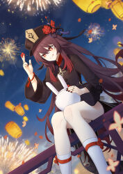 Rule 34 | 1girl, absurdres, bare legs, black headwear, black shirt, brown hair, commentary request, dutch angle, feet out of frame, fireworks, genshin impact, hand up, highres, hu tao (genshin impact), long hair, long sleeves, nail polish, night, night sky, pmg, red eyes, red nails, shirt, sitting, sky, smile, socks, solo, star (sky), tongue, tongue out, very long hair, white socks, wide sleeves