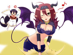 Rule 34 | 10s, 2girls, bat wings, black hair, breasts, cardfight!! vanguard, chasing, cleavage, cleavage cutout, clothing cutout, crop top, crossover, crying, demon tail, dress, dudley daisy, emoticon, goddess of the crescent moon tsukuyomi, headband, headdress, horns, lowres, midriff, multiple girls, one eye closed, oracle think tank, pointy ears, red hair, shorts, spike brothers, tail, teasing, tongue, tongue out, wings, wink, yellow eyes