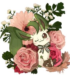 Rule 34 | :3, animal focus, blush stickers, bow, brown eyes, commentary, creatures (company), flower, flower request, game freak, gen 4 pokemon, leafeon, nintendo, one eye closed, pink flower, pink rose, pokemon, pokemon (creature), rose, signature, simple background, sitting, sou440pk, striped, striped bow, twitter username, white background, white flower