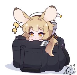 Rule 34 | +++, 1girl, animal ears, arknights, bag, beret, blush, brown eyes, brown hair, chibi, closed mouth, commentary, dorothy (arknights), english commentary, hat, highres, in bag, in container, kurotofu, long hair, peeking out, recruitment bag (arknights), shadow, short eyebrows, signature, simple background, solo, thick eyebrows, white background, white hat