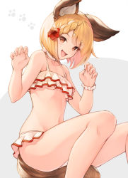 Rule 34 | 1girl, :d, animal ears, bad id, bad pixiv id, bikini, blonde hair, breasts, brown eyes, collarbone, commentary request, dog ears, fang, flower, frilled bikini, frills, granblue fantasy, grey background, hair flower, hair ornament, highres, koretsuki azuma, looking at viewer, navel, open mouth, short hair, small breasts, smile, solo, swimsuit, two-tone background, underboob, vajra (granblue fantasy), white background, white bikini