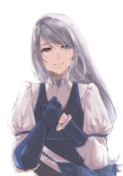 Rule 34 | 1girl, belt, blue gloves, blue necktie, blush, closed mouth, elbow gloves, final fantasy, final fantasy xvi, gauntlets, gloves, grey hair, hand on own chest, happy tears, highres, holding own arm, jill warrick, long hair, looking at viewer, necktie, own hands together, puffy sleeves, ribbon, shirt, simple background, single elbow glove, single gauntlet, single glove, smile, solo, tears, ttttomo en, upper body, white background, white shirt