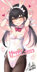 Rule 34 | 1girl, 2023, :d, animal ears, artist name, black hair, black pantyhose, blush, breasts, carrot, chinese zodiac, cleavage, covered navel, cowboy shot, fake animal ears, fang, floral background, hair ribbon, hairband, happy new year, heart, highres, leotard, looking at viewer, low twintails, medium breasts, minamura haruki, name tag, new year, number hair ornament, open mouth, original, pantyhose, pink background, playboy bunny, rabbit ears, rabbit pose, rabbit tail, ribbon, side-tie leotard, signature, skin fang, smile, solo, tail, twintails, white background, white hairband, white leotard, white ribbon, wrist cuffs, year of the rabbit, yellow eyes
