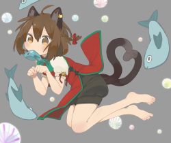 Rule 34 | 1girl, ahoge, animal ear fluff, animal ears, barefoot, bell, black shorts, blush, bow, bowtie, braid, brown eyes, brown hair, cat ears, cat tail, chen, citrus (place), dress, earrings, fish, food in mouth, french braid, full body, green bow, green bowtie, green trim, grey background, heart, heart tail, jewelry, jingle bell, mouth hold, multiple tails, nekomata, no headwear, paw pose, red dress, short hair, shorts, simple background, single earring, solo, tail, toes, touhou, two tails
