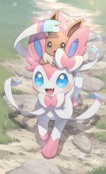 Rule 34 | absurdres, blue eyes, bow, brown eyes, commentary, creatures (company), eevee, eevee ears, eevee tail, evolutionary line, fangs, game freak, gen 1 pokemon, gen 6 pokemon, highres, nintendo, no humans, nullma, open mouth, outdoors, pokemon, pokemon (creature), pokemon tail, smile, sylveon, tail