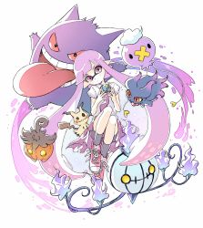 Rule 34 | 1girl, bad id, bad twitter id, bike shorts, blank eyes, chandelure, collared shirt, colored sclera, comamawa, converse, creatures (company), crossover, dress, drifloon, fire, full body, game freak, gen 1 pokemon, gen 2 pokemon, gen 4 pokemon, gen 5 pokemon, gen 6 pokemon, gen 7 pokemon, gengar, hands up, head tilt, highres, holding, holding poke ball, inkling, inkling girl, inkling player character, knees up, long hair, long tongue, mask, mimikyu, misdreavus, nintendo, open clothes, open shirt, pointy ears, poke ball, pokemon, pokemon (creature), pumpkaboo, purple eyes, purple hair, purple theme, red eyes, red sclera, shirt, shoes, short hair with long locks, short sleeves, shorts under dress, simple background, sneakers, tentacle hair, tongue, tongue out, twintails, very long hair, white background, wing collar, yellow sclera