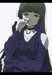 Rule 34 | 1girl, absurdres, aqua eyes, black choker, black dress, black hair, blood, blunt bangs, bocchi the rock!, breasts, chin piercing, choker, cleavage, clothing cutout, colored inner hair, dress, frown, goth fashion, goumonsha, highres, hime cut, jewelry, letterboxed, long dress, long hair, medium breasts, multicolored hair, necklace, nosebleed, pa-san, purple hair, ring, ring necklace, shoulder cutout, simple background, solo, white background, wrist belt