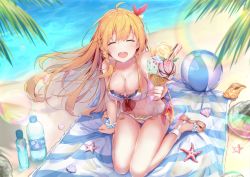 Rule 34 | 1girl, 8ka, :d, ahoge, arm support, ball, beach, beachball, bikini, bottle, bow, bracelet, braid, breasts, cleavage, closed eyes, collarbone, commentary, conch, food, front-tie bikini top, front-tie top, hair bow, holding, ice cream cone, jewelry, large breasts, long hair, midriff, open mouth, orange hair, palm tree, pecorine (princess connect!), princess connect!, reaching, reaching towards viewer, red ribbon, ribbon, sand, sandals, see-through, shell, shiny skin, side-tie bikini bottom, sitting, smile, solo, starfish, stomach, swimsuit, teeth, thigh gap, thighs, tongue, towel, tree, upper teeth only, wariza, water, water bottle, water drop, white bikini