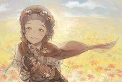 Rule 34 | 1girl, :d, bag, blue eyes, blue hair, blue sky, blush, cape, commentary, crying, field, fingerless gloves, flower, flower field, gears, gloves, goggles, hands on own chest, hat, highres, holding, holding bag, idolmaster, idolmaster cinderella girls, looking at viewer, mame (mmgamegg), okazaki yasuha, open mouth, outdoors, puffy sleeves, short hair, short sleeves, sky, smile, solo, steampunk, tearing up