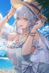 Rule 34 | 1girl, anastasia (fate), anastasia (swimsuit archer) (fate), anastasia (swimsuit archer) (first ascension) (fate), bare shoulders, blue eyes, blush, bracelet, breasts, collarbone, dress, earrings, fate/grand order, fate (series), hair over one eye, hairband, hat, highres, jewelry, kim eb, large breasts, long hair, looking at viewer, necklace, pendant, silver hair, solo, straw hat, very long hair, white dress