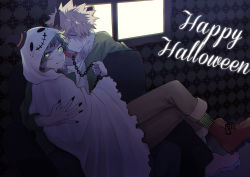 Rule 34 | 2boys, absurdres, animal ears, arm around back, bakugou katsuki, black nails, blonde hair, boku no hero academia, chain, collar, couch, freckles, fur collar, ghost costume, green eyes, green hair, green jacket, happy halloween, hat, highres, holding, holding chain, jacket, looking at viewer, male focus, midoriya izuku, multiple boys, nail polish, rapiko, red collar, red eyes, red footwear, scowl, sitting, smile, spiked hair, window, witch hat, wolf ears