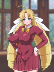 Rule 34 | 1girl, ahoge, big hair, blonde hair, blue eyes, blurry, blurry background, blush, bow, breasts, brooch, covered navel, cowboy shot, drill hair, hair bow, hands on own hips, highres, indoors, jewelry, kageusu gokuto, ladies versus butlers!, large breasts, legs, long hair, looking at viewer, open mouth, red skirt, school uniform, sernia iori flameheart, skirt, solo, standing, thighs, very long hair, wrist cuffs