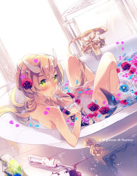 Rule 34 | 1boy, alcohol, alternate hairstyle, back, bad id, bad pixiv id, barone (battle spirits), bath, bathing, bathtub, battle spirits, battle spirits: brave, blonde hair, blush, bottle, character name, child, cup, demon boy, demon tail, drinking glass, dutch angle, faucet, flower, from side, hair between eyes, hair down, hair flower, hair ornament, holding, horns, indoors, italian text, long hair, looking at viewer, male focus, nude, partially submerged, petals, r0c, reclining, red flower, red rose, rose, rug, solo, spill, tail, tile floor, tiles, towel, transparent, trap, very long hair, water, wine, wine glass, yellow eyes