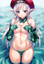 Rule 34 | 1girl, alleyne (queen&#039;s blade), artist request, blonde hair, blue eyes, blush, breasts, covering privates, covering breasts, elbow gloves, elf, gloves, hat, long hair, official art, panties, pointy ears, queen&#039;s blade, solo, standing, topless, underwear, water