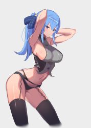 Rule 34 | 1girl, absurdres, alternate breast size, arched back, armpits, arms behind head, black panties, black thighhighs, blue eyes, blue hair, breasts, cowboy shot, cropped legs, garter belt, garter straps, hair ornament, hair ribbon, highres, hololive, hoshimachi suisei, large breasts, leaning forward, long hair, looking at viewer, navel, panties, ponytail, ribbon, shiny skin, sideboob, simple background, skykappa, star (symbol), star hair ornament, thighhighs, turtleneck, underwear, virtual youtuber, white background