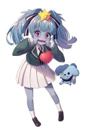 Rule 34 | 10s, 1girl, animal, aqua hair, dog, extraction, finger in own mouth, full body, hair intakes, hair ornament, heart, highres, hoshikawa lily, loafers, long hair, pleated skirt, red eyes, romero (zombie land saga), school uniform, shoes, skirt, socks, solo, source request, standing, star (symbol), star hair ornament, third-party edit, transparent background, twintails, yoshika (music480069), zombie, zombie land saga