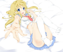Rule 34 | 1girl, between breasts, blonde hair, blue eyes, blush, breasts, censored, convenient censoring, convenient leg, crop top, feet, foreshortening, front-tie top, k-on!, kotobuki tsumugi, long hair, lying, midriff, necktie, no shoes, open mouth, outstretched hand, ronto, sailor collar, shirt, socks, tied shirt