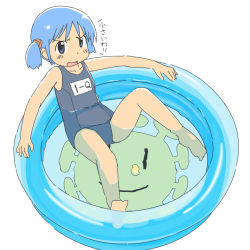 Rule 34 | 1girl, barefoot, blue hair, feet, flat chest, naganohara mio, nichijou, one-piece swimsuit, open mouth, school swimsuit, short hair, simple background, soles, solo, sun, swimsuit, toes, tomboo, wading pool, white background