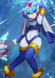 Rule 34 | 1girl, android, arm up, blue eyes, blue footwear, blue hair, bodysuit, boots, breasts, closed mouth, commentary request, covered navel, feet out of frame, grey bodysuit, hair between eyes, high heel boots, high heels, highres, holding, holding polearm, holding weapon, ice, fairy leviathan (mega man), mega man (series), mega man zero (series), nanana narang, polearm, small breasts, smile, solo, thigh boots, underwater, water, weapon