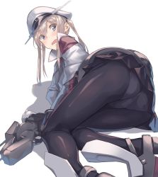 Rule 34 | 1girl, ass, black pantyhose, black skirt, blonde hair, blue eyes, blush, graf zeppelin (kancolle), hair between eyes, hat, ichikei, kantai collection, long hair, long sleeves, military, military hat, military uniform, open mouth, panties, panties under pantyhose, pantyhose, popped collar, rigging, shadow, simple background, skirt, solo, twintails, underwear, uniform, wavy mouth, white background, yomo (majidon)