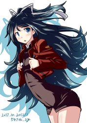 Rule 34 | 1girl, 547th sy, artist name, black dress, black hair, blue eyes, cosplay, cowboy shot, dated, dress, flat chest, hair ribbon, jacket, kantai collection, katsuragi (kancolle), katsuragi misato, katsuragi misato (cosplay), long hair, name connection, neon genesis evangelion, ponytail, red jacket, ribbon, shadow, solo, white ribbon