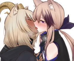 Rule 34 | 2girls, animal ear fluff, animal ears, arknights, bare shoulders, beeswax (arknights), black coat, blush, cardigan (arknights), closed eyes, coat, commission, couple, dark-skinned female, dark skin, dog ears, dog girl, eye contact, french kiss, goat ears, goat girl, goat horns, goggles, gold horns, grabbing, hair ribbon, horns, infection monitor (arknights), kiss, long hair, looking at another, multicolored hair, multiple girls, necktie, necktie grab, neckwear grab, purple eyes, ribbon, simple background, skeb commission, streaked hair, tongue, tongue out, tsubudashi, upper body, white background, white hair, yuri