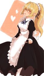 Rule 34 | 1girl, alternate costume, apron, bad id, bad twitter id, blonde hair, blush, character name, dark-skinned female, dark skin, dated, elf, enmaided, frills, hair ribbon, heart, high ponytail, highres, hololive, long hair, looking at viewer, maid, maid apron, maid headdress, open mouth, pointy ears, ponytail, puffy sleeves, ribbon, shiranui flare, solo, spoken blush, translation request, tsubudashi, virtual youtuber