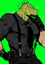 Rule 34 | 1boy, alternate costume, animal head, bara, caiman (dorohedoro), climaxmukr, collared shirt, cowboy shot, dorohedoro, fang, formal, green scales, large pectorals, light blush, male focus, muscular, muscular male, necktie, pants, pectorals, profile, reptile boy, shirt, sideways glance, skin fang, smirk, solo, suspenders