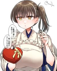 Rule 34 | 1girl, apron, blush, box, breasts, brown eyes, brown hair, candy, chocolate, chocolate heart, food, gift, gift box, heart, heart-shaped box, highres, holding, holding gift, japanese clothes, kaga (kancolle), kantai collection, large breasts, matsunaga (haku), short sidetail, side ponytail, simple background, solo, speech bubble, twitter username, valentine, white background