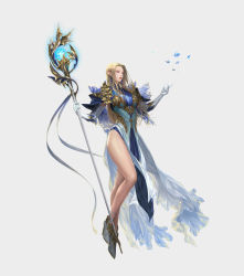 Rule 34 | 1girl, absurdres, ankle boots, armor, blonde hair, blue butterfly, blue dress, blue eyes, boots, breasts, bug, butterfly, daeho cha, dress, earrings, elbow gloves, floating, full body, gloves, glowing, high heels, highres, holding, holding staff, insect, jewelry, lips, long hair, looking at animal, looking away, medium breasts, multicolored clothes, multicolored dress, official art, parted lips, pointy ears, r2m, red lips, ribbon, shoulder armor, side slit, simple background, solo, staff, teeth, thighs, turtleneck, white background, white dress, white footwear, white gloves, white ribbon