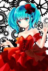 Rule 34 | 1girl, blue eyes, blue hair, blunt bangs, bow, breasts, detached sleeves, dress, dress bow, flower, gaikotsu gakudan to riria (vocaloid), gears, hair flower, hair ornament, hatsune miku, highres, long hair, looking at viewer, nakatsu kon, rose, short sleeves, small breasts, smile, solo, strapless, strapless dress, twintails, vocaloid