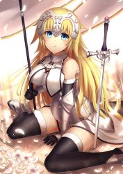 Rule 34 | 1girl, arm support, armor, armored dress, between legs, black gloves, black thighhighs, blonde hair, blue eyes, blurry, blush, breasts, bu li, chain, depth of field, dress, fate/apocrypha, fate/grand order, fate (series), faulds, flag, floor, flower, fur trim, gauntlets, gloves, glowing, hand between legs, headpiece, holding, jeanne d&#039;arc (fate), jeanne d&#039;arc (ruler) (fate), jeanne d&#039;arc (third ascension) (fate), jewelry, large breasts, long hair, looking at viewer, on floor, parted lips, petals, planted, planted sword, planted weapon, ruler (fate/grand order), sitting, sleeveless, solo, sword, thighhighs, wariza, weapon, white flower, wind