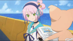 Rule 34 | 1girl, boat, book, cloud, day, green eyes, kanonno earhart, lowres, ocean, panille, pink hair, ribbon, short hair, sky, tales of (series), tales of the world radiant mythology 2, water, watercraft