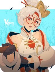 Rule 34 | 1girl, artist name, black gloves, commentary, english commentary, eyeshadow, glasses, gloves, hair ornament, hair stick, highres, holding, koyorin, lips, looking at viewer, makeup, nintendo, open mouth, pink lips, purah, red-framed eyewear, red eyes, red eyeshadow, sheikah, short hair, solo, teeth, the legend of zelda, the legend of zelda: tears of the kingdom, topknot, upper teeth only, white hair