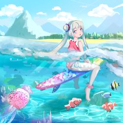 Rule 34 | absurdres, beach, cloud, coral, coral reef, fish, forest, highres, magia record: mahou shoujo madoka magica gaiden, mahou shoujo madoka magica, mountain, nature, partially submerged, partially underwater shot, radio.broom, surfing, swimsuit, umbrella, underwater, yakumo mikage