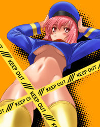Rule 34 | 1girl, blush, bottomless, breasts, caution tape, censored, convenient censoring, cosplay, hat, kamia (not found), kasuga aya, keep out, no bra, no panties, original, pink hair, police, police uniform, policewoman, red eyes, solo, thighhighs, underboob, uniform, yellow thighhighs
