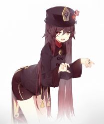 Rule 34 | 1girl, bent over, black shorts, brown hair, flower, genshin impact, ghost pose, hat, hat flower, highres, hu tao (genshin impact), jewelry, long hair, long sleeves, looking at viewer, mandarin collar, multiple rings, open mouth, plum blossoms, red eyes, red flower, ring, shorts, simple background, smile, solo, standing, thumb ring, very long hair, white background, yuishironeko