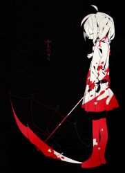 Rule 34 | 1girl, ahoge, arms at sides, black background, blood, blood in hair, blood on clothes, blood on hands, braid, closed eyes, commentary request, copyright name, expressionless, facing down, from side, full body, greyscale, hair over shoulder, higa423, holding, holding umbrella, long sleeves, madotsuki, monochrome, pleated skirt, profile, simple background, skirt, solo, spot color, standing, sweater, translation request, turtleneck, turtleneck sweater, twin braids, umbrella, yume nikki