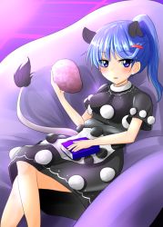 Rule 34 | 1girl, alternate hairstyle, animal ears, blue eyes, blue hair, blush, book, breasts, doremy sweet, dream soul, dress, extra ears, highres, crossed legs, long hair, looking at viewer, medium breasts, multicolored clothes, multicolored dress, no headwear, no headwear, oshiaki, parted lips, pom pom (clothes), ponytail, sitting, solo, tail, tapir ears, tapir tail, touhou