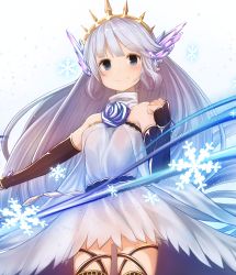 Rule 34 | 10s, 1girl, bare shoulders, black thighhighs, blue eyes, blue flower, blue rose, blush, cowboy shot, detached sleeves, dress, flower, gluteal fold, granblue fantasy, hair flower, hair ornament, halterneck, light purple hair, lily (granblue fantasy), long hair, long sleeves, looking at viewer, pointy ears, rose, simple background, sleeves past wrists, smile, snowflakes, solo, thighhighs, tiara, tobi-mura, very long hair, white background, white dress, zettai ryouiki