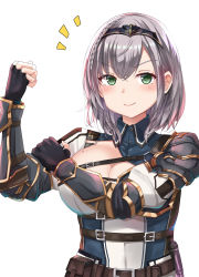 Rule 34 | 1girl, armor, belt, blush, braid, breasts, brown belt, closed mouth, collared shirt, commentary request, fingerless gloves, gloves, green eyes, highres, hololive, kuroame (kurinohana), large breasts, looking at viewer, mole, mole on breast, notice lines, shirogane noel, shirogane noel (1st costume), shirt, short hair, shoulder armor, silver hair, smile, solo, upper body, vambraces, virtual youtuber