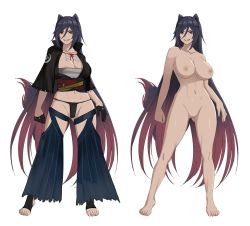 Rule 34 | 1girl, animal ears, areola slip, barefoot, black gloves, black hair, black kimono, black panties, blue pants, breasts, character request, cleavage, collarbone, colored tips, commentary, completely nude, copyright request, feet, full body, fundoshi, gloves, grin, hair between eyes, hakama, hakama pants, half gloves, high collar, highres, japanese clothes, kimono, kurone rinka, large breasts, multicolored hair, navel, nipples, no pussy, nude, obi, obiage, obijime, panties, pants, red eyes, red hair, sarashi, sash, sidelocks, simple background, sleeves past elbows, smile, stomach, symbol-only commentary, tail, thong, toeless legwear, toes, two-tone hair, underwear, variations, white background