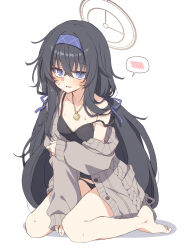 Rule 34 | black hair, black pantyhose, blue archive, blue eyes, breasts, camisole, crossed bangs, hair between eyes, halo, highres, jewelry, long hair, low twintails, messy hair, necklace, pantyhose, satou kibi, simple background, sitting, small breasts, spoken blush, twintails, ui (blue archive), underwear, wariza, white background