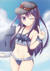 Rule 34 | 10s, 1girl, akatsuki (kancolle), akatsuki kai ni (kancolle), anchor symbol, bikini, black hat, blue bikini, blue sky, breasts, collarbone, commentary request, cowboy shot, day, flat cap, frilled bikini, frilled cuffs, frills, groin, hair between eyes, halterneck, hat, index finger raised, inflatable shark, inflatable toy, kantai collection, long hair, looking at viewer, minakami mimimi, navel, outdoors, purple eyes, purple hair, red-framed eyewear, sky, small breasts, solo, standing, stomach, sunglasses, swimsuit, very long hair, wrist cuffs